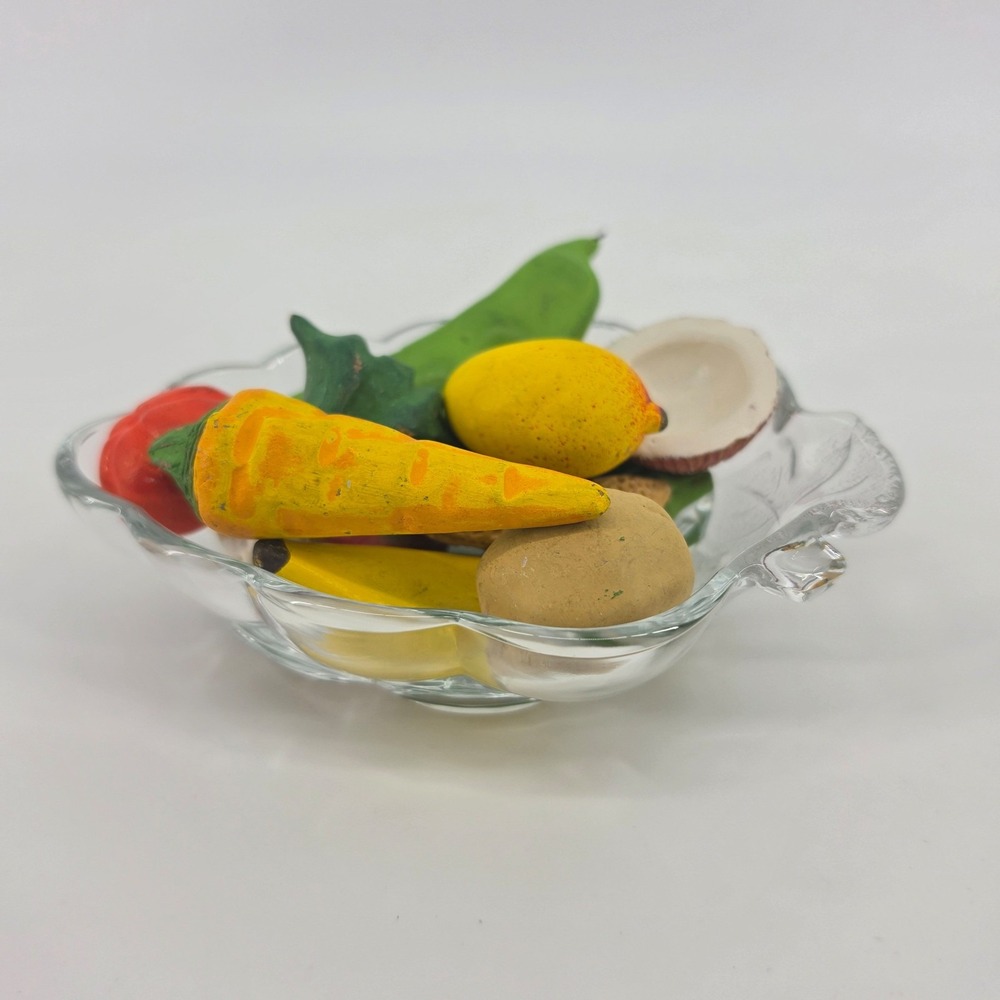 Vintage Hand Painted Mini Faux Produce Fruit Vegetable Set Glass Leaf Dish India